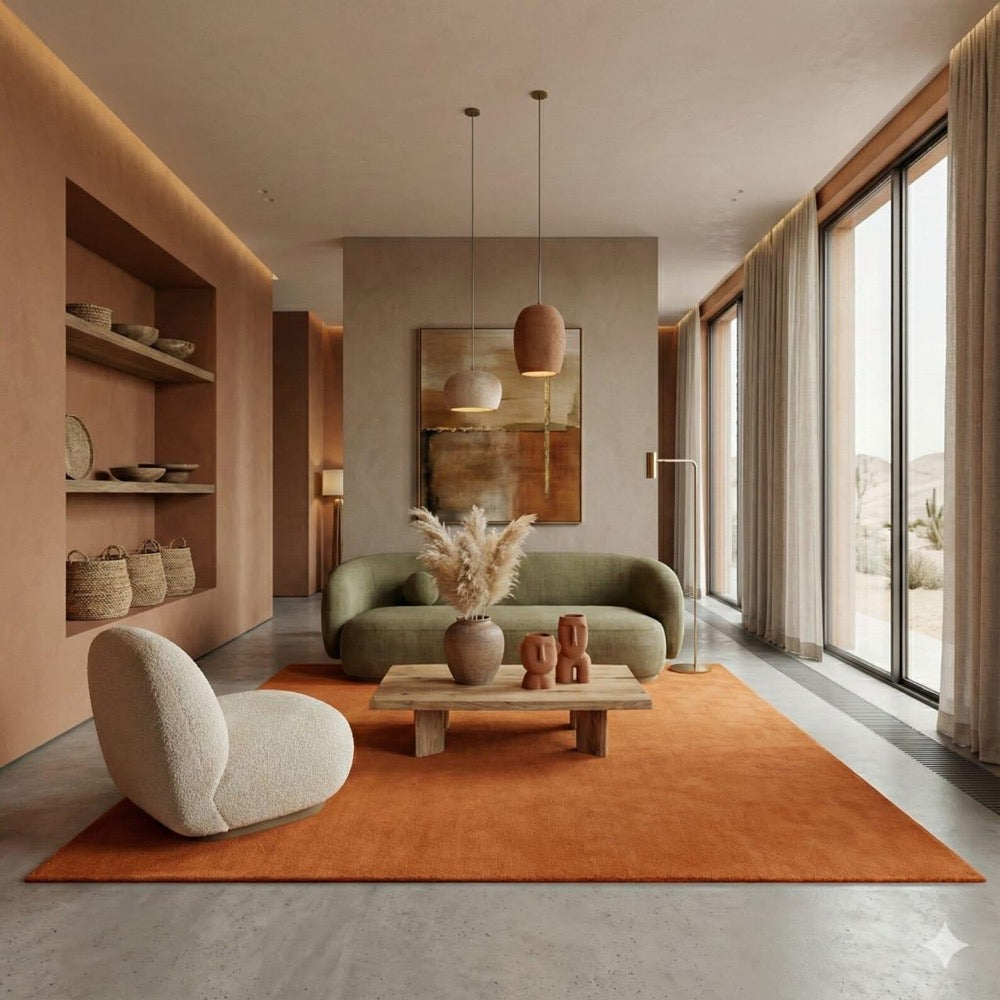Luxury Solid Wool Rug, Modern Minimalist Area Rug, Rust Orange Carpet, Hand Tufted Premium Living Room Rug, Contemporary Home Decor