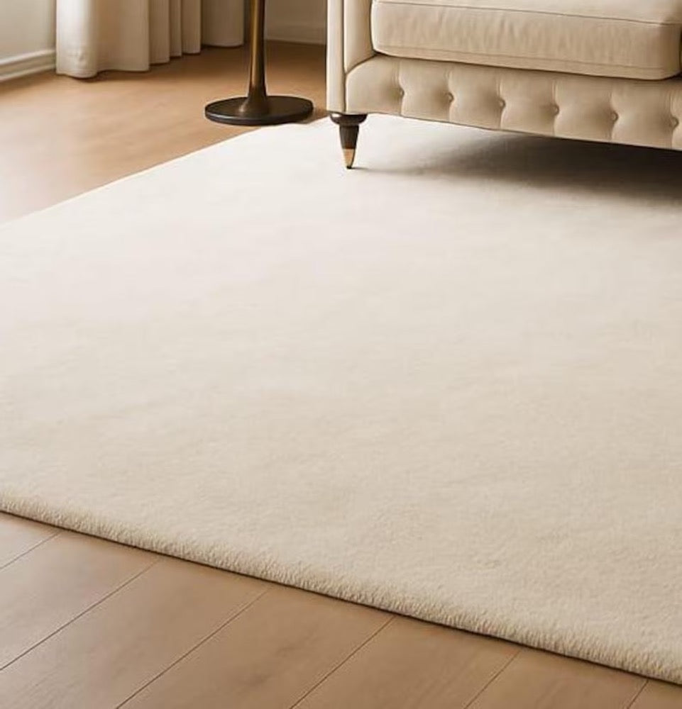 Solid Ivory Wool Rug, Minimal Modern Cream Area Carpet for Classic Living Room