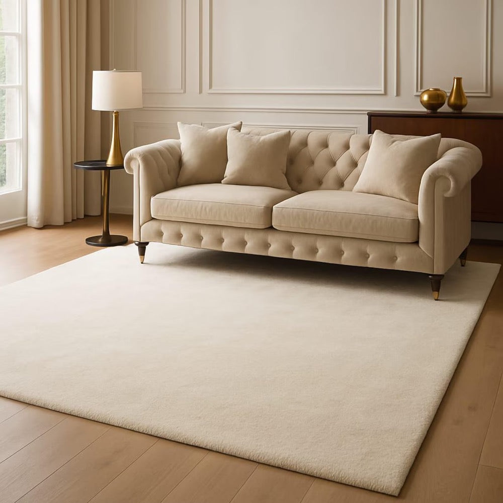 Solid Ivory Wool Rug, Minimal Modern Cream Area Carpet for Classic Living Room