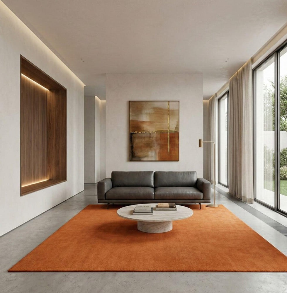 Luxury Solid Wool Rug, Modern Minimalist Area Rug, Rust Orange Carpet, Hand Tufted Premium Living Room Rug, Contemporary Home Decor